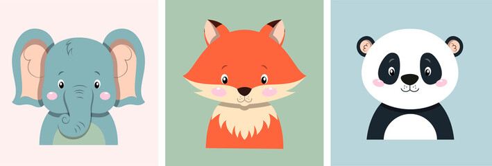 Cute posters with little fox, elephant, and panda bear vector prints for baby room, baby shower, greeting card, kids and baby t-shirts and wear. Set of isolated flat cartoon vector illustrations © Rudzhan