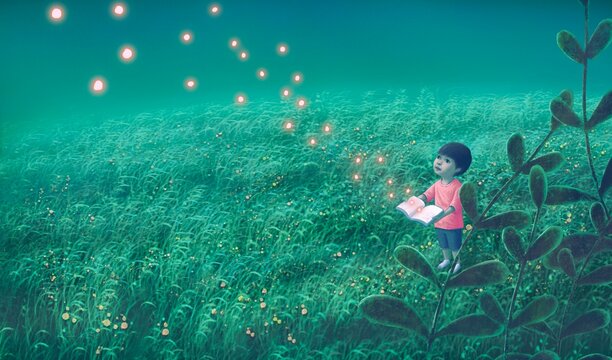 Education￼ learning dream hope and freedom concept, Boy with  ￼imagination book of fireflies. surreal painting. Fantasy art, Fantasy conceptual artwork, happiness of child , 3d illustration