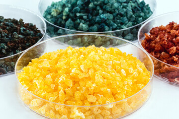 Molten chloride salts, crystals and crystallized rare earth sediments, chemicals used in industry for the production of various industrial items, in petri dishes