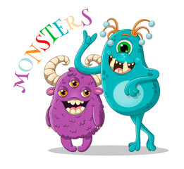 Two cute monsters isolated on white background are smiling and waving to children. Vector illustration design for fashion fabrics, textile graphics, prints.