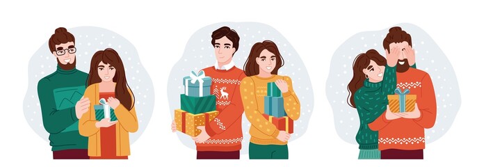 Fototapeta premium Young couple celebrating christmas and exchanging surprise gifts. Set of Happy New Year and Christmas celebration vector illustration.