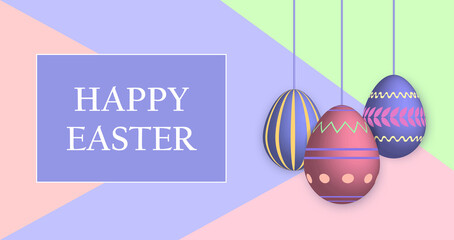 Happy easter banner template. Poster with bright painted Easter eggs. Festive background. Vector illustration. Design layout for invitation, card, flyer, voucher, sale advertising, social media
