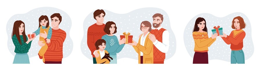 People presenting and exchanging christmas gifts. Family members and friends wishing each other merry christmas. Set of hand-drawn characters.