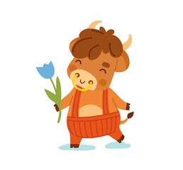 Cute ox with flower. Little cow. Kawaii bull. 2021 zodiac sign. Vector illustration.