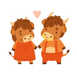 Fototapeta premium Cute cow and bull. Kawaii little bull. 2021 zodiac sign. Vector illustration.