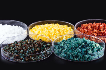 Molten chloride salts, crystals and crystallized rare earth sediments, chemicals used in industry for the production of various industrial items, in petri dishes