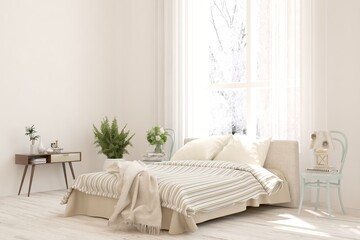 White bedroom interior. Scandinavian design. 3D illustration