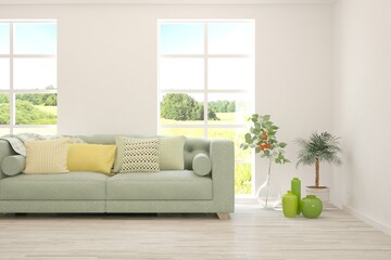 White living room with sofa and summer landscape in window. Scandinavian interior design. 3D illustration