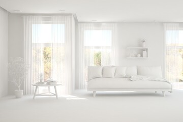 Naklejka na ściany i meble White minimalist living room with sofa. Scandinavian interior design. 3D illustration
