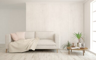 White living room with sofa. Scandinavian interior design. 3D illustration
