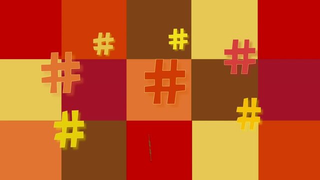 Funny coloured background with dancing and moving hashtags - web and communication signs. Copy space. Colourful red yellow brown background.