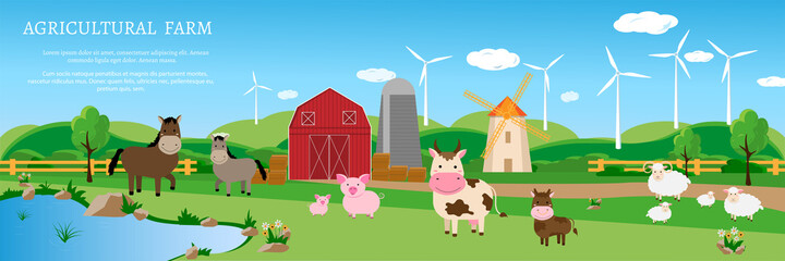 Banner design Farm animals on the farm against the background of the landscape and wind turbines. Vector illustration Cow, horse, pig, sheep, mill. Place for text