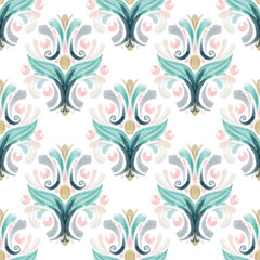 Damask seamless pattern for boys and girls. Baroque ornament. Luxury watercolor trendy texture. Vintage retro old styled.