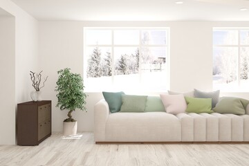White living room with sofa and winter landscape in window. Scandinavian interior design. 3D illustration