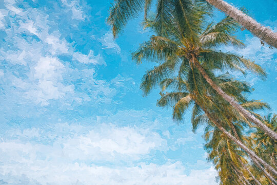 Summer vacation oil painting concept, palm and coconut trees and blue sky at tropical beach