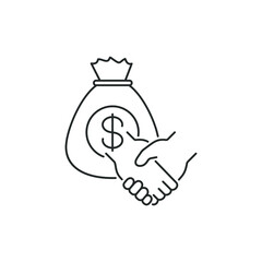 Financial deal icon concept. Businessman handshake with a sack of money isolated on white background. Vector illustration