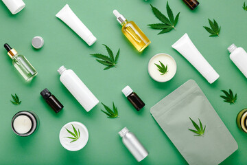 Hemp cbd oil serum in glass dropper bottle with cannabis leaves, Moisturizing cream, Serum, lotion,...