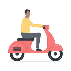 Young cute african man on motor scooter. Cartoon black skin guy character riding on red motor scooter. Healthy lifestyle concept. Vector illustration isolated on white