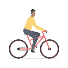Young african man rides bicycle. Cartoon black slin guy on bicycle. Healthy lifestyle concept. Vector illustration isolated on white