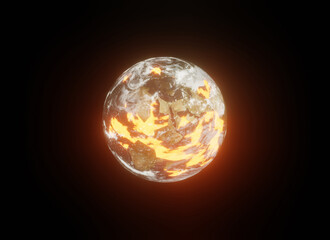 hot alien destroyed planet with volcanic activity, 3d render