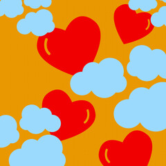 pattern with red heart and clouds, Happy valentine's day wishes greeting card abstract background, love hearts, blank copy space for text, graphic design illustration wallpaper