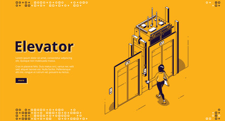 Elevator banner. Modern passenger transportation inside house or office building. Vector landing page of elevator with isometric illustration of woman waiting lift at sliding doors © klyaksun