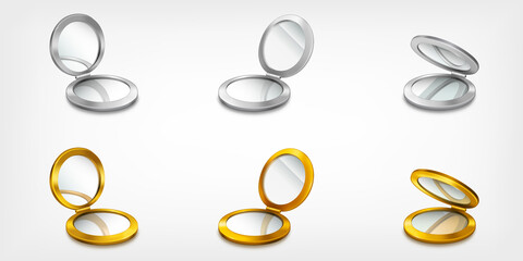 Small round pocket mirrors for makeup isolated on white background. Vector realistic set of silver and golden compact circle boxes with cosmetic mirrors, elegant female accessories