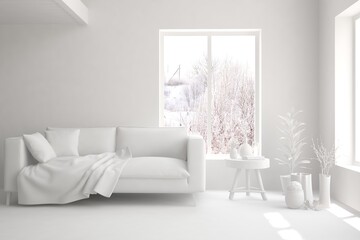 Mock up of stylish room in white color with sofa and winter landscape in window. Scandinavian interior design. 3D illustration