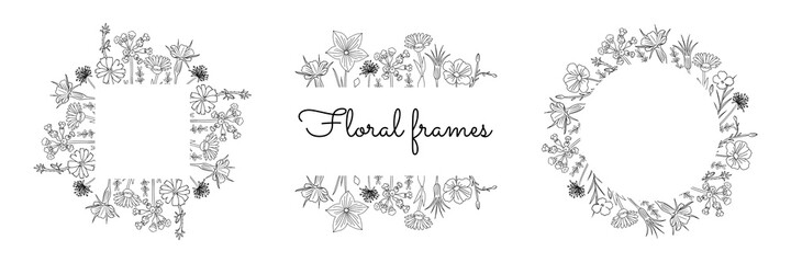 Set of three Floral frames. Vector illustration in hand drawn style, isolated on white background. Template for invitation, greeting card, logo, banner, social media poster or other