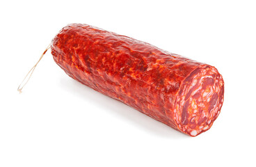 Spanish traditional chorizo isolated on white. View from another angle in the portfolio.