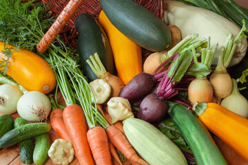 Assortment of fresh vegetables. Basket with vegetables close up