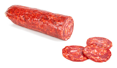 Spanish traditional chorizo isolated on white. View from another angle in the portfolio.