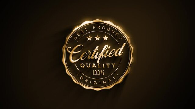 Gold Quality Certified Badge With Gold Texture Animation/ 4k animation of a golden textured premium quality badge seal certificate
