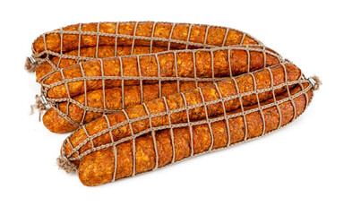 Royal sausage in the grid isolated on white. View from another angle in the portfolio.