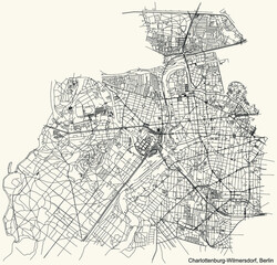 Black simple detailed street roads map on vintage beige background of the neighbourhood Charlottenburg-Wilmersdorf borough of Berlin, Germany