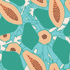 Vector repeat seamless pattern with papayas and leaves.