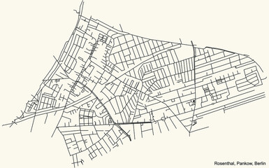 Black simple detailed street roads map on vintage beige background of the neighbourhood Rosenthal locality of the Pankow borough of Berlin, Germany
