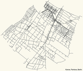 Black simple detailed street roads map on vintage beige background of the neighbourhood Karow locality of the Pankow borough of Berlin, Germany