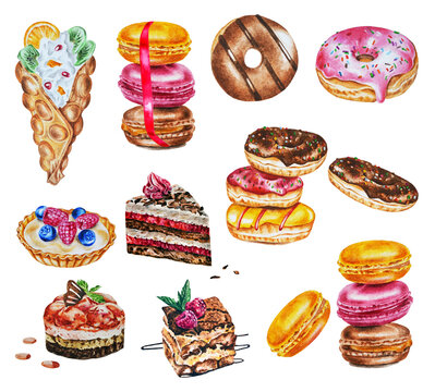 Realistic colorful illustration. Set of watercolor desserts. Design idea for menu, logo, greeting card, prints and more. Template. Closeup. Hand drawn.