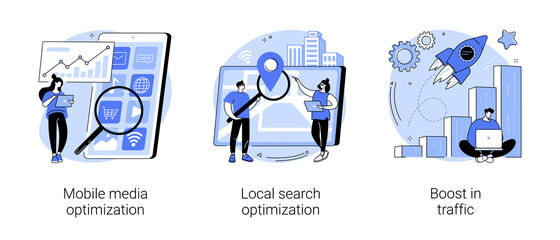 SEO strategy abstract concept vector illustration set. Mobile media optimization, local search, boost in traffic, search engine targeting, business digital promotion, visitor growth abstract metaphor.