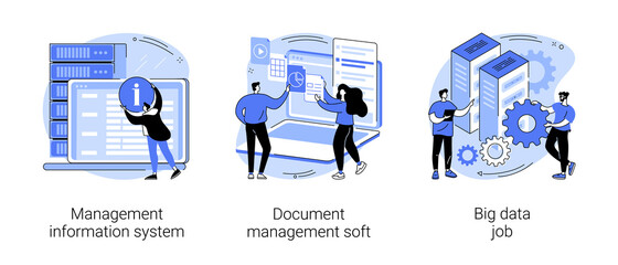 Information collection and analysis abstract concept vector illustration set. Management information system, document management soft, big data job, sharing online, visualization abstract metaphor. © Visual Generation