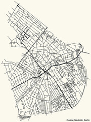 Obraz premium Black simple detailed street roads map on vintage beige background of the neighbourhood Rudow locality of the Neukölln borough of Berlin, Germany