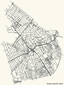 Black simple detailed street roads map on vintage beige background of the neighbourhood Rudow locality of the Neuk&ouml;lln borough of Berlin, Germany