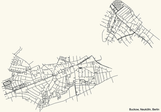 Black simple detailed street roads map on vintage beige background of the neighbourhood Buckow locality of the Neuk&ouml;lln borough of Berlin, Germany