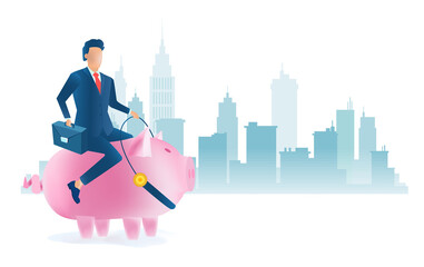 Vector of a business man riding pink piggy bank on a cityscape background