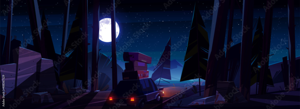 Wall mural car with luggage on roof on road at night. vector cartoon landscape with coniferous forest, highway,