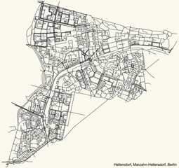 Obraz premium Black simple detailed street roads map on vintage beige background of the neighbourhood Hellersdorf locality of the Marzahn-Hellersdorf borough of Berlin, Germany