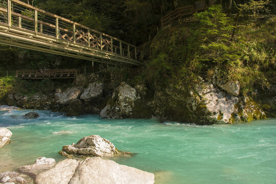 The lower Devil's Bridge crossing the Tolminka River which flows through Tolmin Gorge in the Triglav National Park, north western Slovenia
