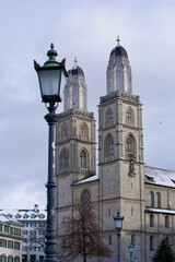 The twin towers of the church Grossmünster at the old town of Zurich, Switzerland.