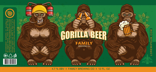 Beer Label Design With Three Wise Gorillas With Beer. Vector Illustration. - 408368569